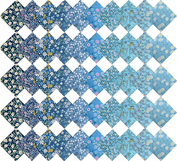 HANPATQUI 50PCS 8 x 8 inch Blue Printed 100% Cotton Fat Quarters Fabric for Sewing and Quilting Bundles Precut Fabric Square for DIY Craft Patchwork