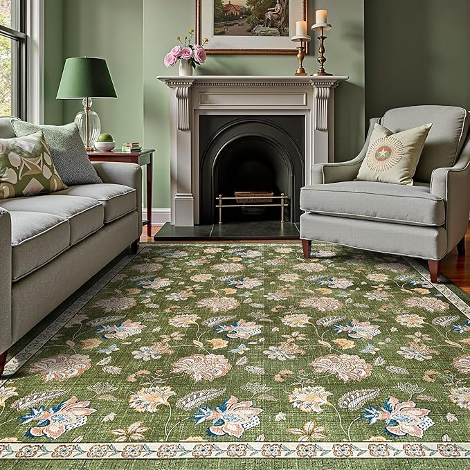 jinchan 8x10 Floral Rug for Living Room Washable Bedroom Rug Vintage Romance Design Non Slip Thin Indoor Floor Cover Large Low-Profile Throw Carpet for Dining Room Office, Green