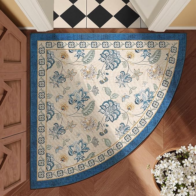 jinchan Floral Corner Rug for Entryway Washable Kitchen Rug Vintage Romance Design Non Slip Quarter Circle Lightweight Low-Pile Throw Carpet for Playroom Reading Nook Nursery, 4ft Radius, Blue/Beige