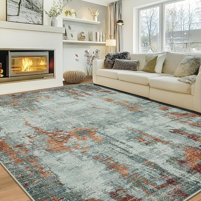 10x14 Area Rugs Large Living Room Rug Washable: Modern Abstract Rug Indoor Modern Carpet Non Slip for Dining Room Bedroom Nursery Home Office Red Brown