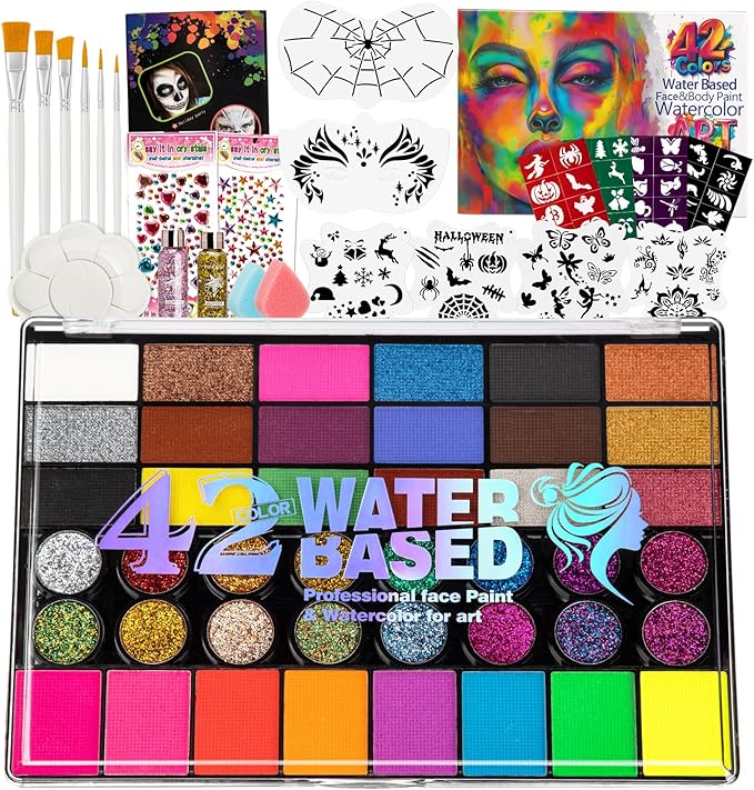 Halloween Face Painting Kit, 42 Color Non-Toxic Water Face Paint Kit with Brushes Gems Stencils, Professional Face Paint for Party, Creative Activity, Birthdays, Halloween Christmas Makeup Kit
