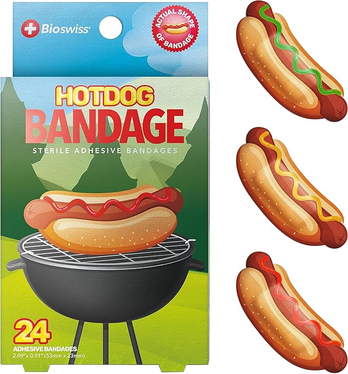 BioSwiss Bandages, Hot Dog Shaped Self Adhesive Bandage, Latex Free Sterile Wound Care, Fun First Aid Kit Supplies for Kids, 24 Count