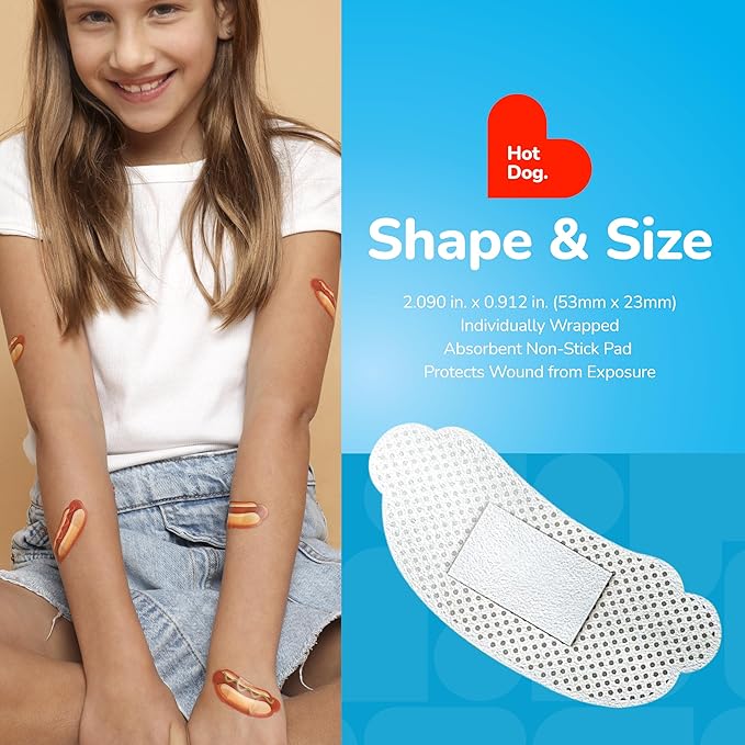 BioSwiss Bandages, Hot Dog Shaped Self Adhesive Bandage, Latex Free Sterile Wound Care, Fun First Aid Kit Supplies for Kids, 24 Count