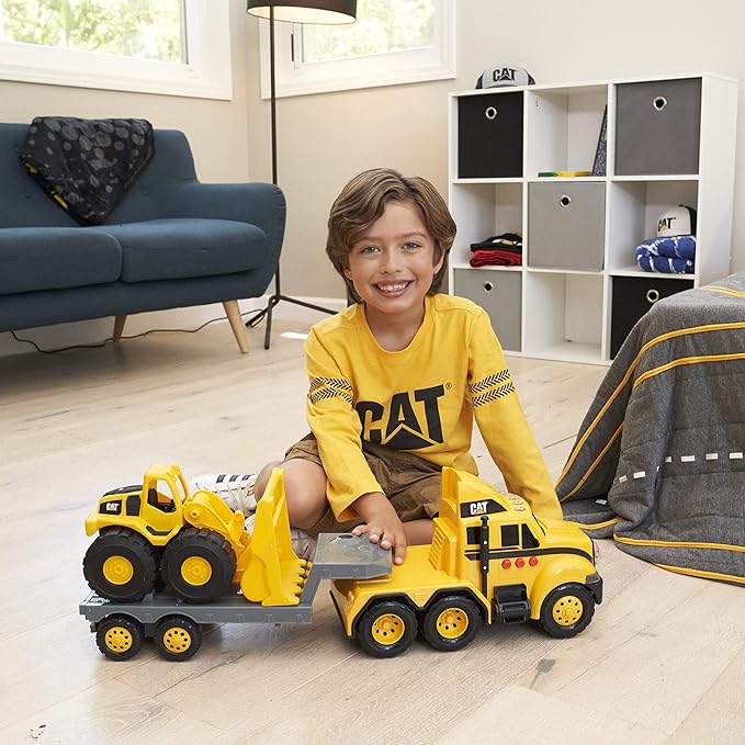 CAT Construction Toys, CAT Construction Heavy Mover, Semi Truck and Trailer with Mini Crew Wheel Loader, Lights and Sounds, Ages 3 and up