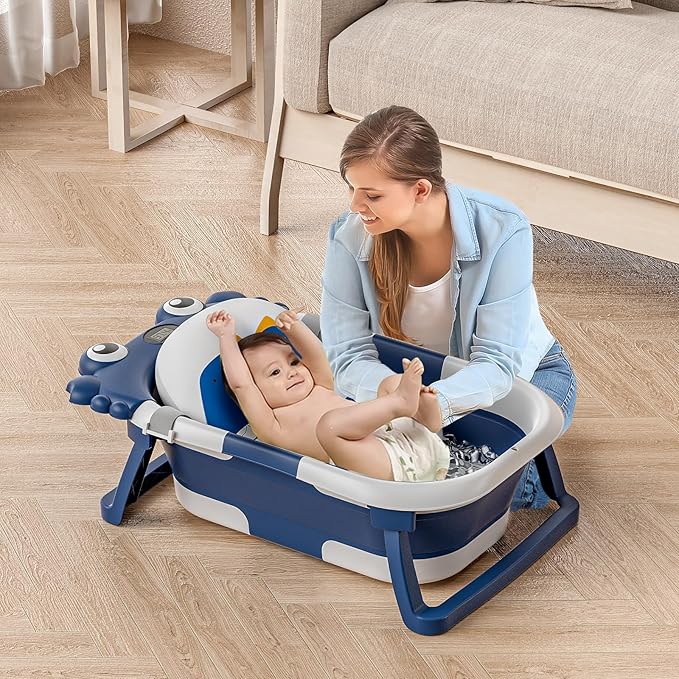 Collapsible Baby Bathtub for Newborns to Toddler with Real-time Temp Monitor & Floating Cushion,Portable Travel Tub for 0-36 Month, Foldable Baby Bath Tub for Infants Boy (Blue)