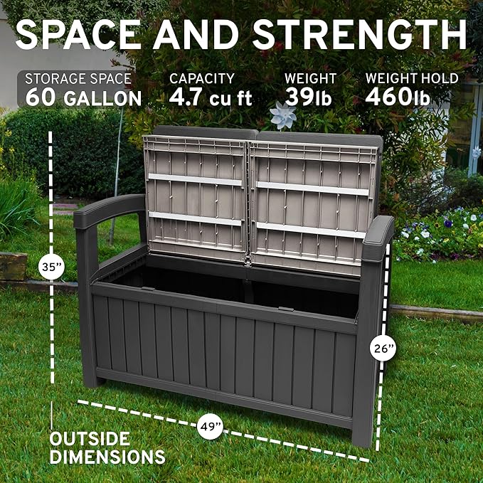 EconoHome 2 Seat Outdoor Storage Bench with Rain Cover - 60 Gallon Capacity - Weatherproof Resin Bench for Patio, Porch, Garden, Yard, Pool Area - Furniture for Pool Accessories, Gardening Tools