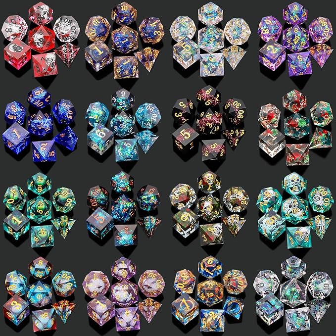 QMAY Resin Mystery Dice Set, 7 Pcs Handmade Sharp Edge Polyhedral Dice, Random Various Styles DND Dice & Dice Bag, DND Gifts, Suitable for Dungeons and Dragons, RPG, MTG,Role Playing Table Game