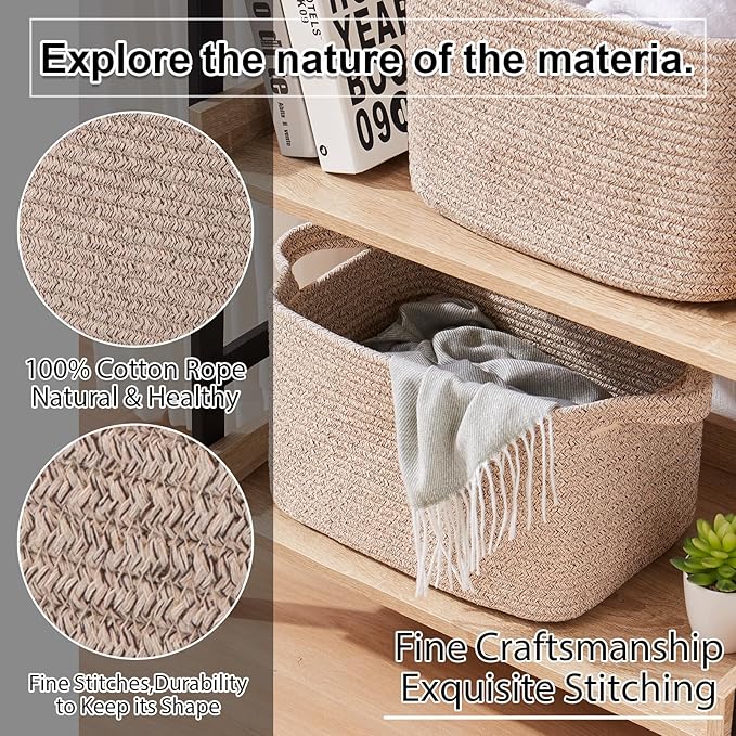 OIAHOMY Storage Basket, Woven Baskets for Storage, Cotton Rope Basket for toys,Towel Baskets for Bathroom - Pack of 3, Pure Brown