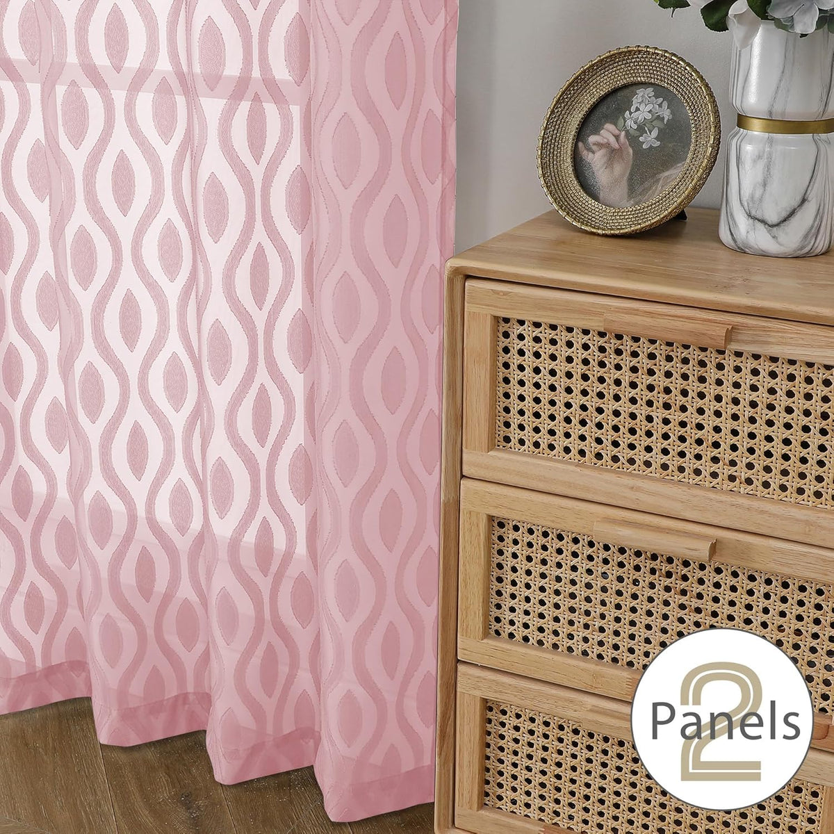 Aiyufeng Sheer Pink Curtain 45 Inch Length 2 Panels Set, Farmhouse Clip Jacquard Textured Short Window Curtains, Lightweight Chic Wavy Line See Through Curtains for Bedroom, 40" Wx45 L Inches