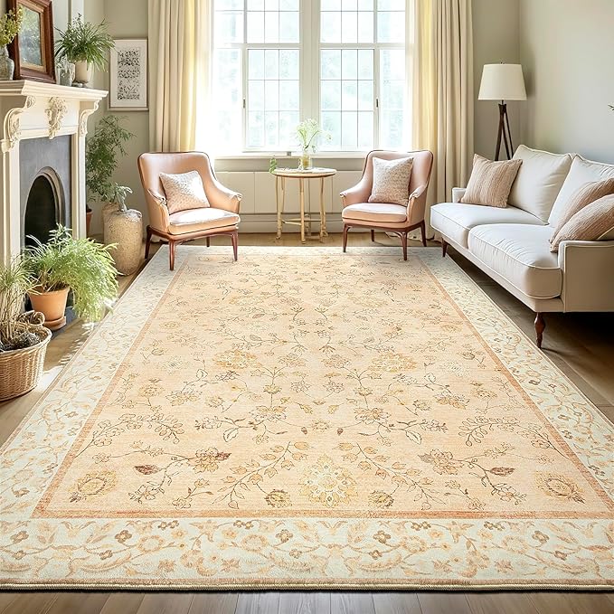 LOCHAS Washable Area Rugs 4x6, Peach Floral Rug for Living Room Bedroom Non Slip, Ultra Soft Vintage Indoor Carpet for Kids, Nursery, Dorm, Dining Room, Classroom, Boho Flower Home Decor, Low-Pile