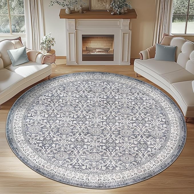 jinchan Round Rug 7ft Washable Circle Soft Rug - Low Pile Vintage 7'Round Indoor Grey Floral Print Stain Resistant Boho Carpet Ultra-Thin Non-Slip for Living Room Bedroom Dining Room Kitchen