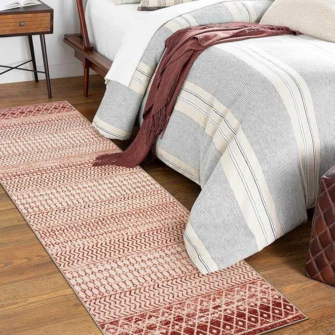 Moroccan Rug Runner 2x6, Terracotta Non Slip Washable Bathroom Rug Runners, Soft Low Pile Tribal Geometric Hallway Runner Rugs for Bedroom Kitchen Laundry Living Room