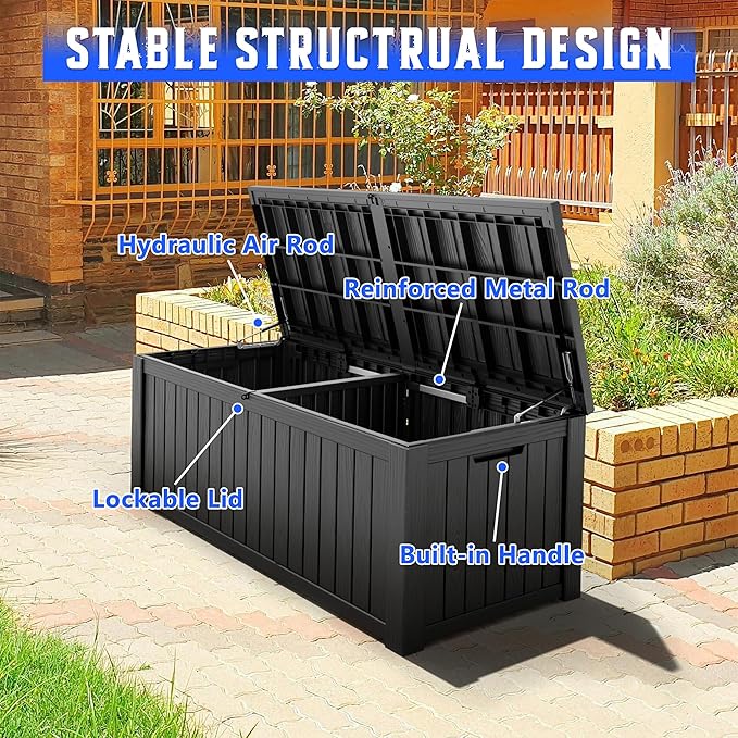 NUNU LAB 180 Gallon Outdoor Storage Box, Large Resin Deck Box with Double Wall Panels, Waterproof Patio Storage Bin for Garden Tools, Pool Accessories, Package Deliveries & Outdoor Gear
