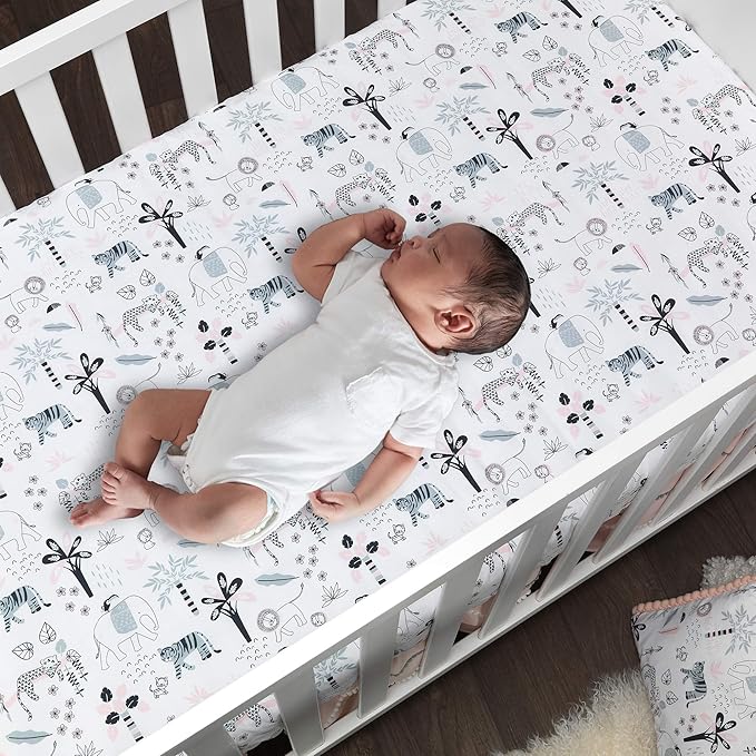 Lambs & Ivy Happy Jungle Pink/White Safari Nursery 5-Piece Crib Bedding Set