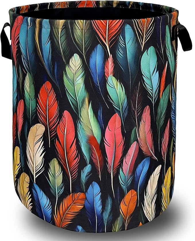Feathers Laundry Basket Foldable With Handles Funny Tote Bag Oxford Cloth Colorful Feather Laundry Hamper Clothes Storage Bucket Toy Organizer For Bathroom/Laundry/Bedroom 18.9" x 16.5 "