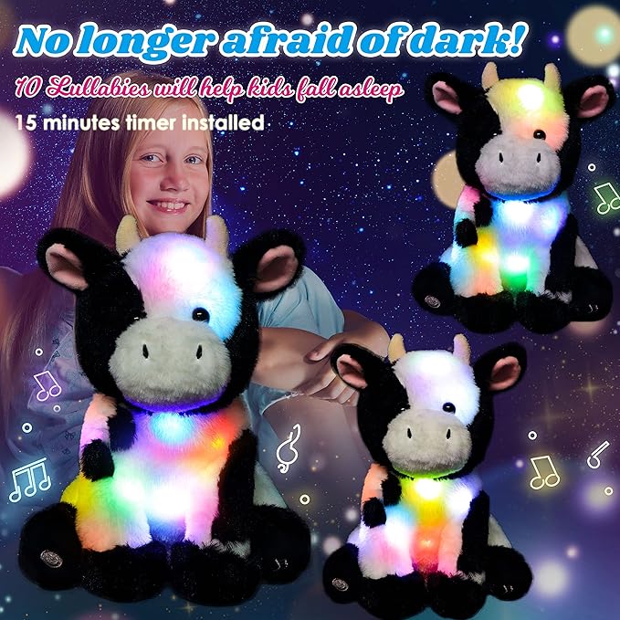 Cuteoy Light-up Singing Plush Cow LED Musical Stuffed Animal Adjustable Volume Lullaby Plushies Birthday Christmas Toy Gifts for Kids Toddler Girls, 13"