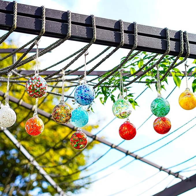 Set of 12 Hand Blown Glass Ornaments Hanging Gazing Balls Witches Balls, Outdoor Patio Garden Decor