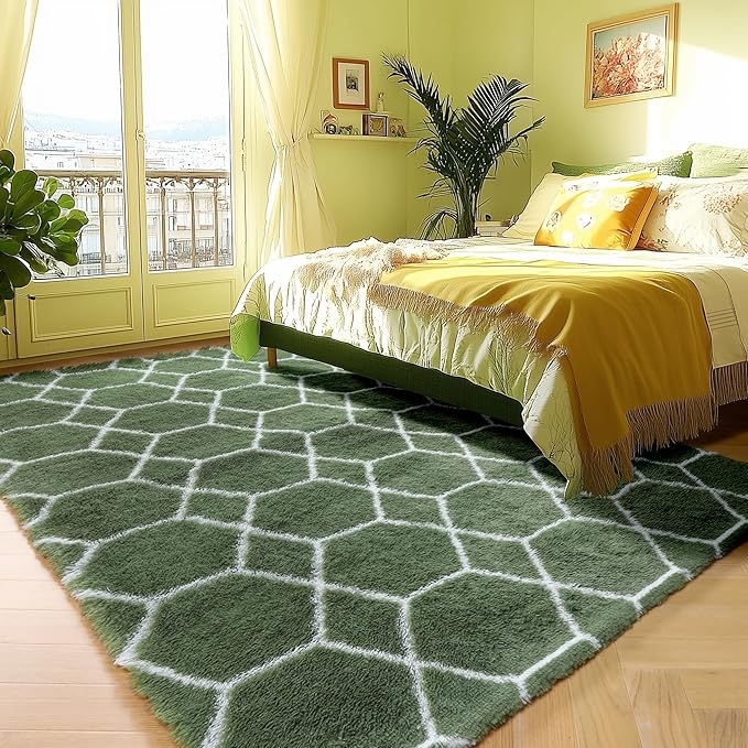 ONASAR Area Rugs for Bedroom Living Room, Washable 4x6 Fluffy Olive Green and White Throw Rug, Shaggy Geometric Floor Mat for Home Decor Aesthetic, Soft Plush Fuzzy Carpet for Nursery Kids Teen Dorm