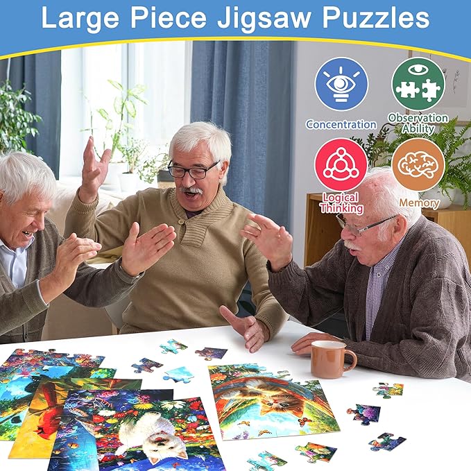 6 Packs 24 Large Piece Puzzles for Seniors,Animals Puzzle for Seniors with Dementia,Turtle Panda Cat Dolphin Bird Dog Easy Jigsaw Puzzle for Alzheimers Memory Games Dementia Activities