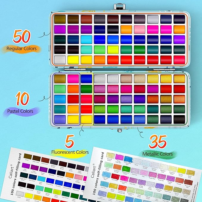 100 Colors Watercolor Paint Set with 4 Brushes, Portable Travel Water Color Kit with Carrying Case, Palette and Accessories, Non-Toxic Art Supplies Gift for Artists Adult Teen Kids Girls