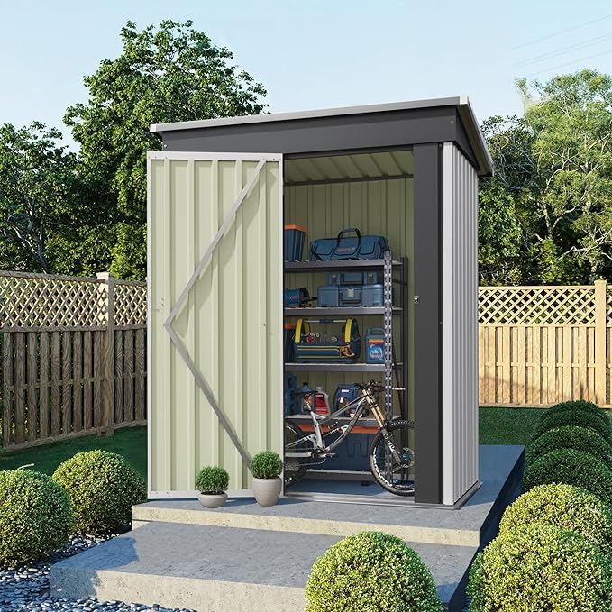 Flamaker 5x3 FT Storage Shed Waterproof Metal Garden Shed with Lockable Door Utility Tool Shed Outdoor Storage for Backyard, Patio and Lawn, White