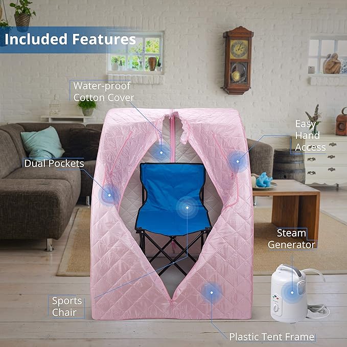 Durasage Oversized Portable Steam Sauna Spa for Home – 800W Steam Generator, 60-Minute Timer, Foldable Chair Included, Spacious Design, 1.5-Year Warranty (Light Pink)