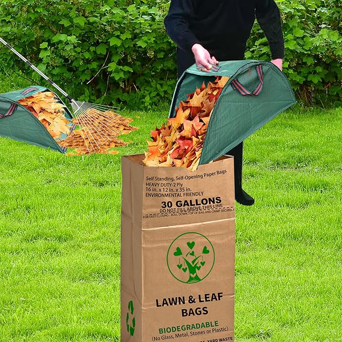 30 Gallon Heavy Duty Brown Paper Lawn Leaf Bags with Leaf Collector Leaf Loader 2-Ply Heavy Duty Large Kraft Paper Bags (10 Count) | Tear Resistant Yard Waste Bag for Home and Garden