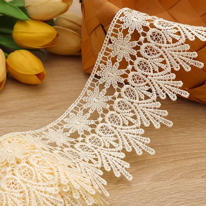 GXTIZAS Beige Lace Trim 5 Yards Wide Venise Lace Ribbon Embroidered Edge Trim for Sewing Crafts Pillow Case