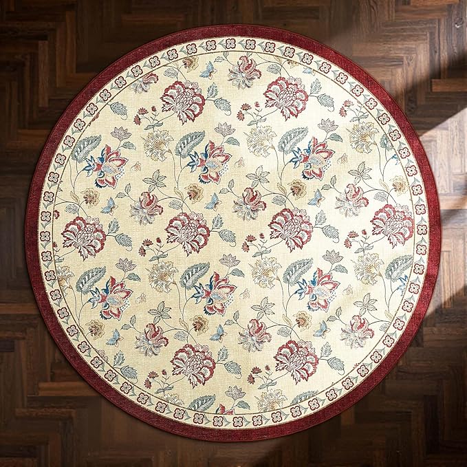 jinchan 4ft Floral Round Rug for Entryway Washable Kitchen Rug Vintage Romance Design Non Slip Indoor Doormat Lightweight Low-Profile Throw Carpet for Living Room Dining Room Bedroom, Red/Beige