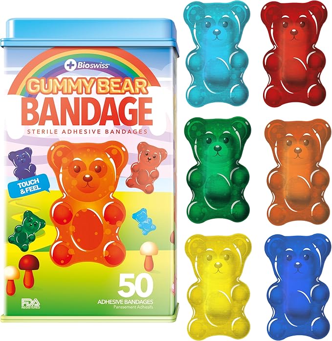 BioSwiss Bandages, Gummy Bear Shaped Self Adhesive Bandage, Latex Free Sterile Wound Care, Fun First Aid Kit Supplies for Kids, 50 Count