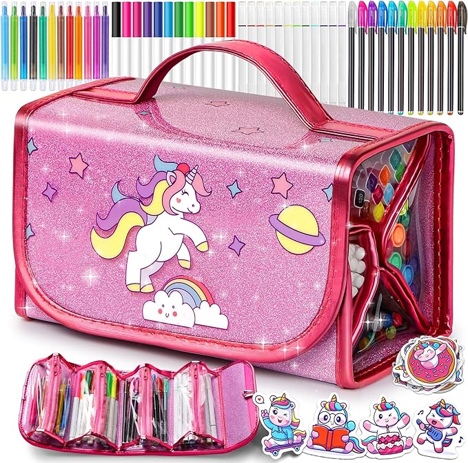 beefunni Unicorn Washable Markers Set 48 pcs with Glitte Pencil Case, Art Supplies for Kids Ages 4-6-8, Arts Crafts Coloring Set with Stickers - Birthday Gifts for Girls 4 5 6 7 8 9 Year Old