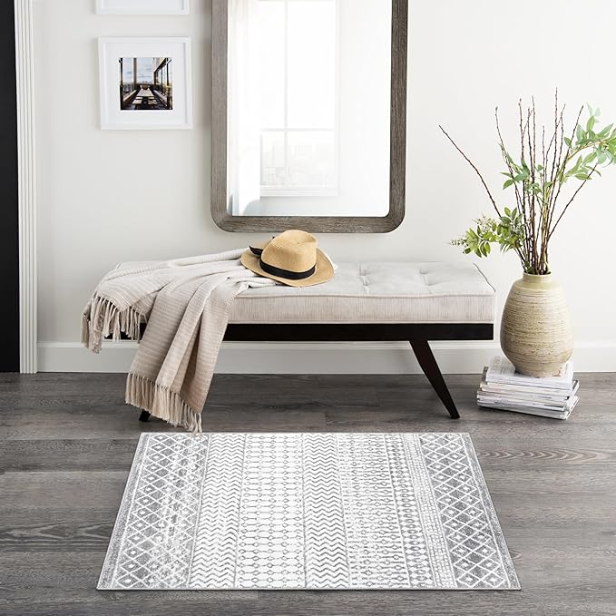 Moroccan Washable Rugs, 2x3 Grey Rug Non-Slip Small Distressed Entryway Rugs, Soft Low-Pile Bedroom Rug Indoor Doormat Carpet for Entryway Kitchen Bathroom