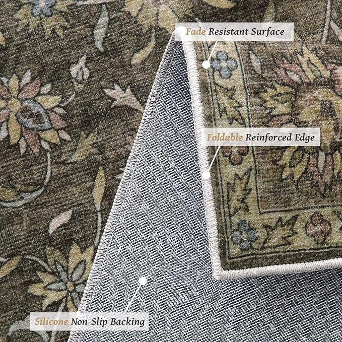 Washable 9x12 Area Rugs for Living Room, Boho Non-Slip Silicone Backing Rugs for Bedroom Dining Room Nursery Office, 0.3" Neutral Oriental Throw Carpet with 0.16" Cushioning Pad, Flaxen/Multi