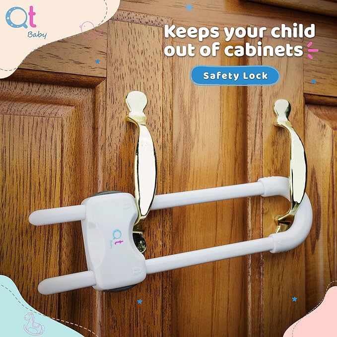 Baby Proofing Cabinet Locks | Adjustable U Shaped Baby Safety Latches for Drawers, Fridge, Closet |Modern Baby Proofing Cabinet Lock with Extra Secure Lock Buttons (Pack of 2, White)