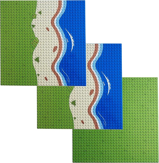 Apostrophe Games Island Building Block Base Plates Compatible with All Major Brands - 3 Pack Beach - 2 Straight & 1 Center Grass add-on to Expand Your Island - 10-1/16" x 10-1/16"Inches