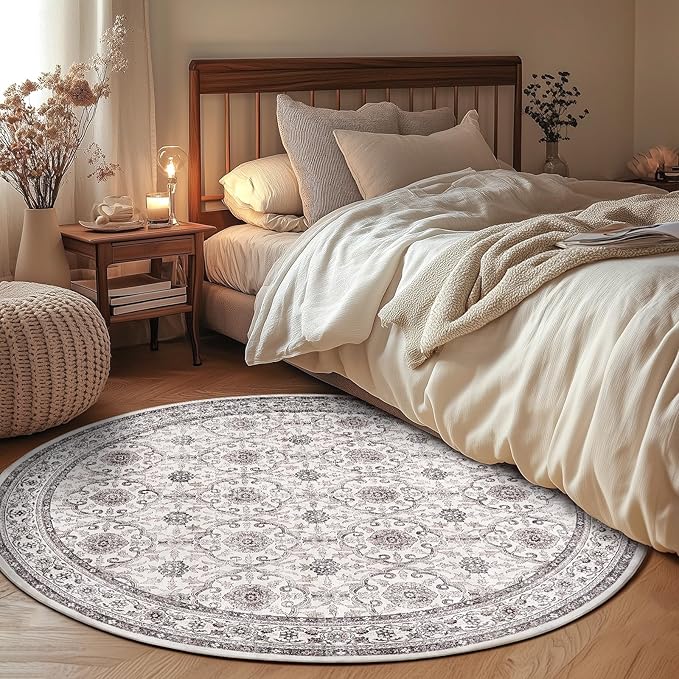 jinchan Round Rug 6ft Washable Circle Soft Rug - Low Pile Vintage 6'Round Indoor Beige Floral Print Stain Resistant Boho Carpet Ultra-Thin Non-Slip for Living Room Nursery Bedroom Dining Room Kitchen