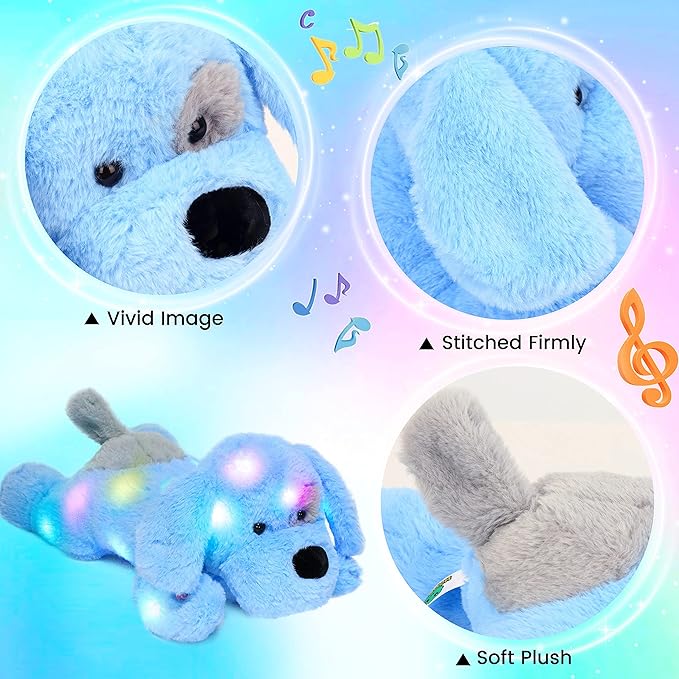 Hopearl LED Musical Stuffed Puppy Lighting Up Singing Plush Dog Adjustable Volume Lullaby Animated Soothe Birthday Festival for Kids Toddler Girls, Blue, 17''