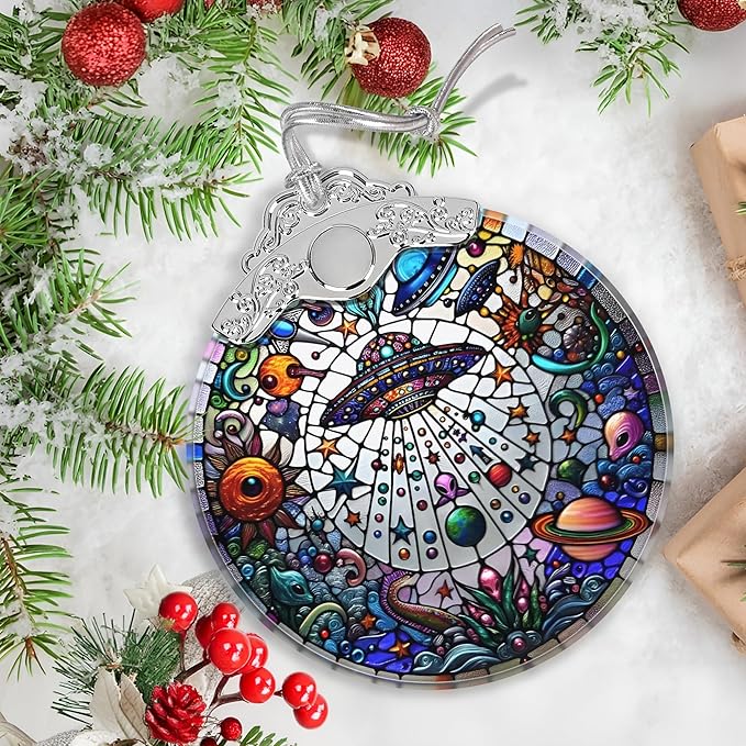 Stained Glass UFO and Alien Christmas Ornament - Holiday Home Decor - Tree Decoration - Gift Exchange Idea