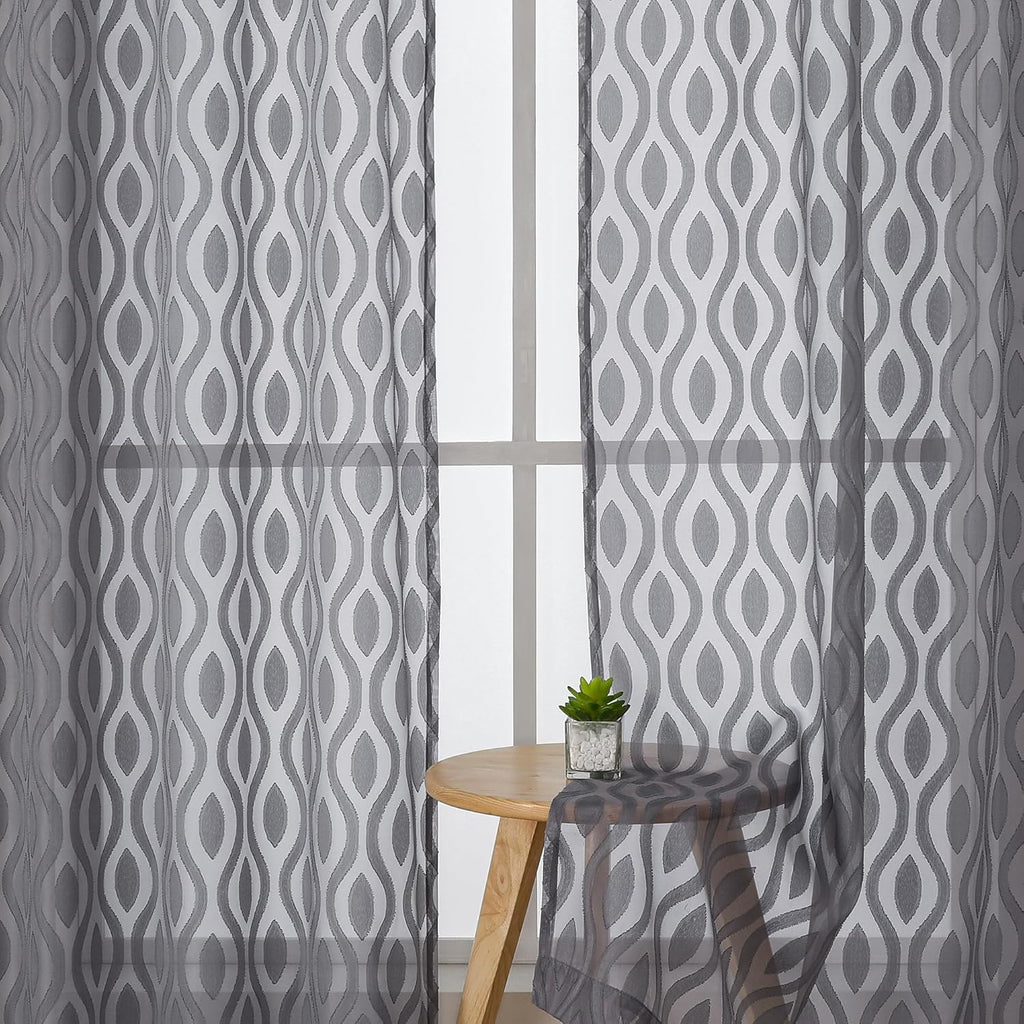 Aiyufeng Charcoal Grey Sheer Curtains 84 Inches Long 2 Panels, Solid Airy Light Filtering Window Treatments for Bedroom Living Room, Modern Wavy Line Rod Pocket Curtains, Total 80 inches Width
