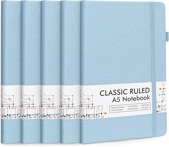 feela 5 Pack Notebooks Journals Bulk, Hardcover Notebook Classic Ruled Lined Journals with Pen Holder for Women Girls School Business Supplies, with 5 Black Pens, 120 GSM, 5.1”x8.3”, A5, Light Blue