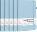 feela 5 Pack Notebooks Journals Bulk, Hardcover Notebook Classic Ruled Lined Journals with Pen Holder for Women Girls School Business Supplies, with 5 Black Pens, 120 GSM, 5.1”x8.3”, A5, Light Blue