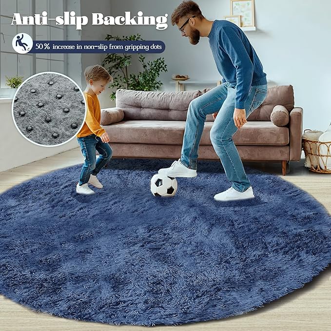 4FT Round Rug for Bedroom: Fluffy Shag Soft Washable Rugs Circle Small Fuzzy Plush Indoor Carpet for Living Room Nursery Playroom Dorm Kids Girls Boys Room (Navy Blue, 4'x4')
