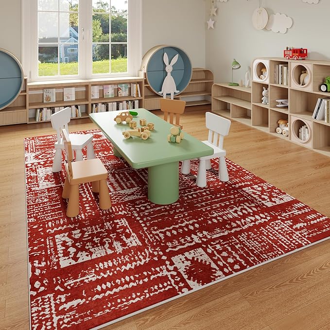 Living Room Rug 5x7 Rug Machine Washable Boho Area Rug Non Slip Moroccan Vintage Low Pile Large Rugs for Living Room, Bedroom, Farmhouse, Dining Room, Kids Playroom(Terracotta)