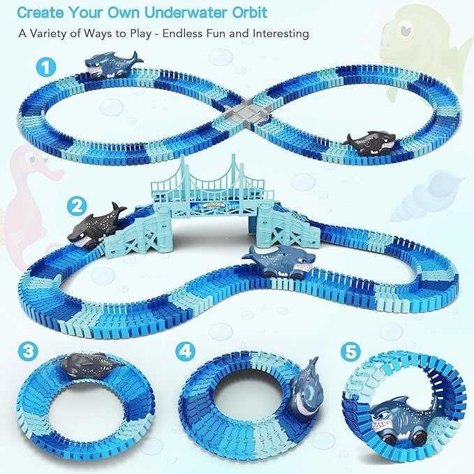 Track Race Car Toys for Kids, Create A Ocean World Race Road, Flexible Tracks Playset & 2PCS Cool Shark Cars, Toddler Toys Birthday Gifts for Age 3 4 5 6 Year Old Boys Girls