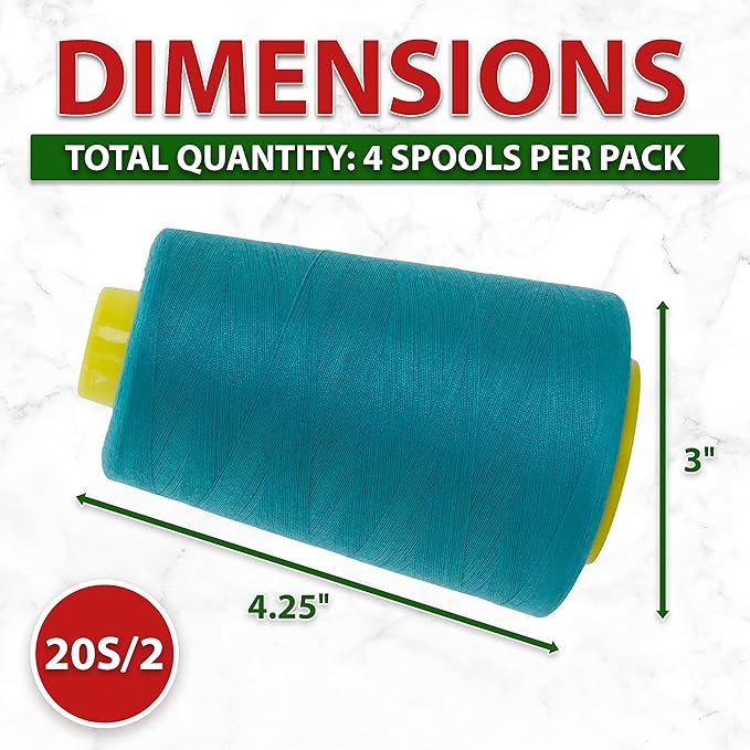 Mandala Crafts 4 Pack of Serger Threads Cones Spools - 20S/2 24000 Yards Polyester Turquoise Threads for Sergers Machine and Overlock Quilting Sewing Machine