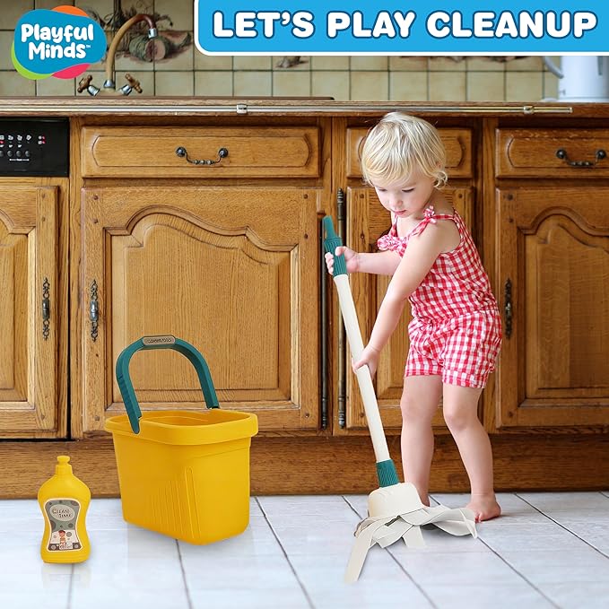 8-Piece Cleaning Playset for Toddlers - Broom, Mop, Pail, Dustpan, Brush, Squeegee, and Pretend Bottles - Perfect for Imaginative Play and Skill Building