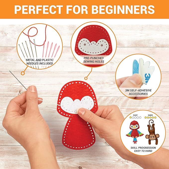 Craftorama Sewing Kit for Kids, Fun and Educational Wild Animal Craft Set for Boys and Girls Age 7-12, Sew Your Own Felt Animals Craft Kit for Beginners, 165 Piece Set