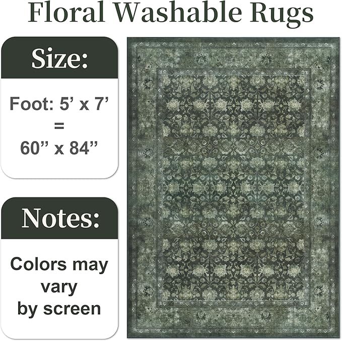 5x7 Washable Area Rug for Living Room, Non Slip Vintage Floral Rugs for Bedroom, Retro Indoor Floor Carpet for Kitchen, Dining Room, Farmhouse, Classroom (Distressed Green)