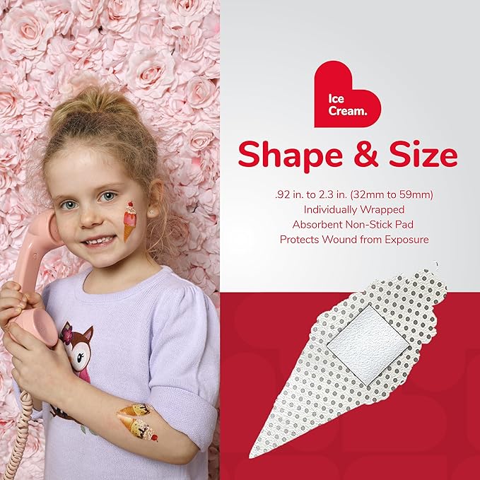 BioSwiss Bandages, Ice Cream Shaped Self Adhesive Bandage, Latex Free Sterile Wound Care, Fun First Aid Kit Supplies for Kids, 24 Count