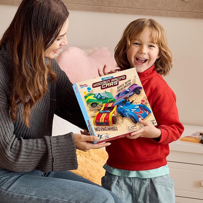 Klever Kits 4 DIY Wooden Race Cars-Build & Paint Your Own Wood Craft Kit, 4 Race Cars Toy, Easy to Assemble Arts Crafts Kit, Birthday Party Presents for Kids Boys and Girls